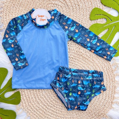 Linha Praia - Camiseta com Proteção UV50+ e Sunga - Sea - Azul Claro e Marinho